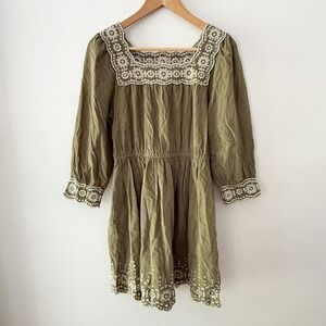 Madewell Corduroy Mini Dress Womens XS Green Boho Embroidered Eyelet Boho Earthy
